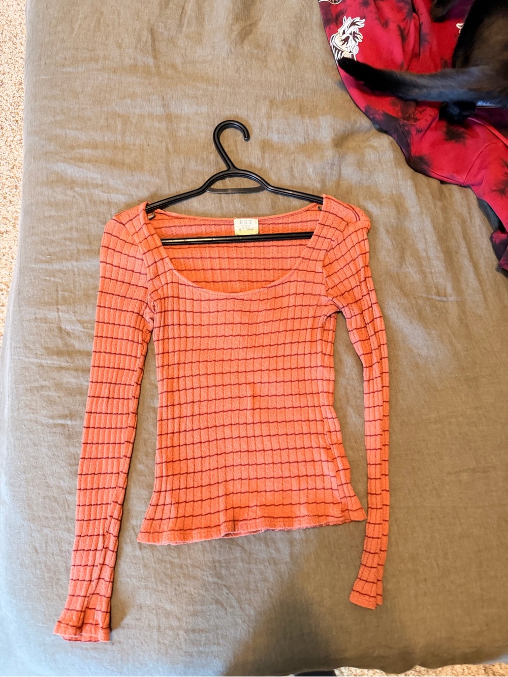 Project Social T Coral Ribbed Square Neck Long Sleeve Top
